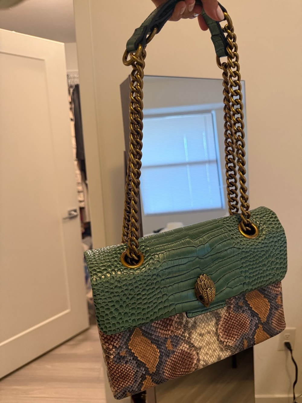 Kurt Geiger Mint Green and Neutral Snake-Print Shoulder Bag with Gold Chain - Picture 3 of 5